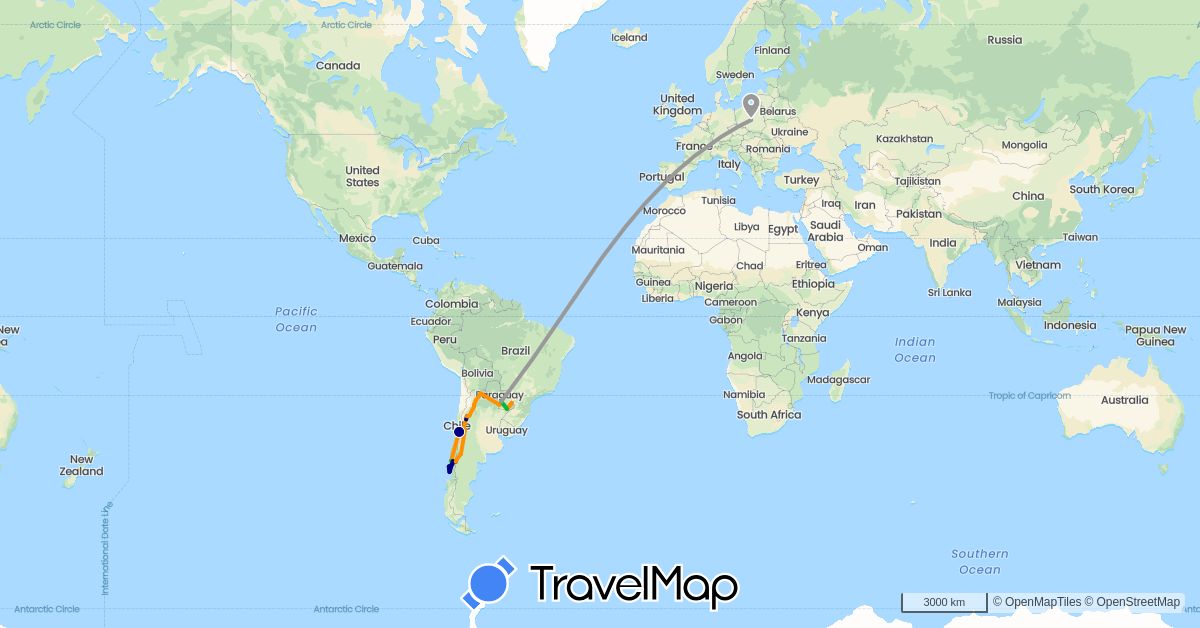 TravelMap itinerary: driving, bus, plane, hitchhiking in Argentina, Chile, Poland, Paraguay (Europe, South America)