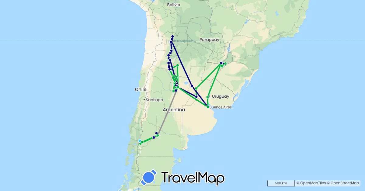 TravelMap itinerary: driving, bus, plane, boat, hitchhiking in Argentina (South America)
