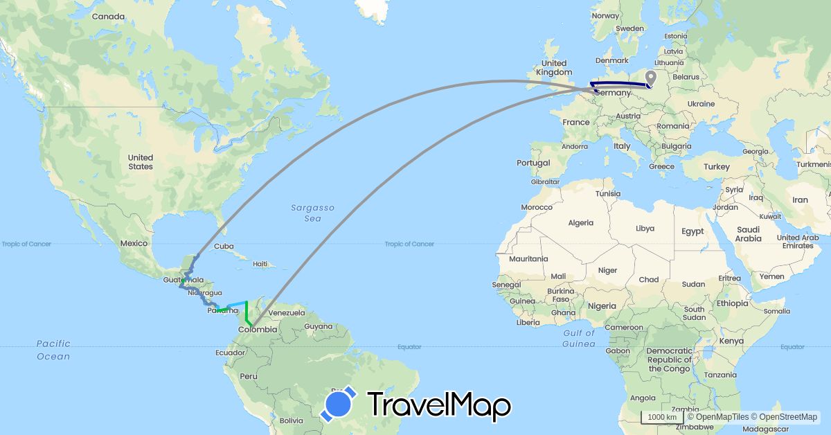 TravelMap itinerary: driving, bus, plane, cycling, boat in Belize, Colombia, Costa Rica, Germany, Guatemala, Honduras, Mexico, Nicaragua, Netherlands, Panama, Poland, El Salvador (Europe, North America, South America)